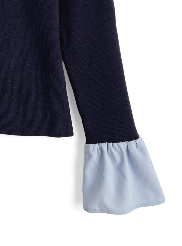 襯衫拚接露肩針織上衣