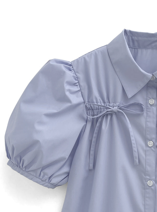 泡泡袖絲帶襯衫