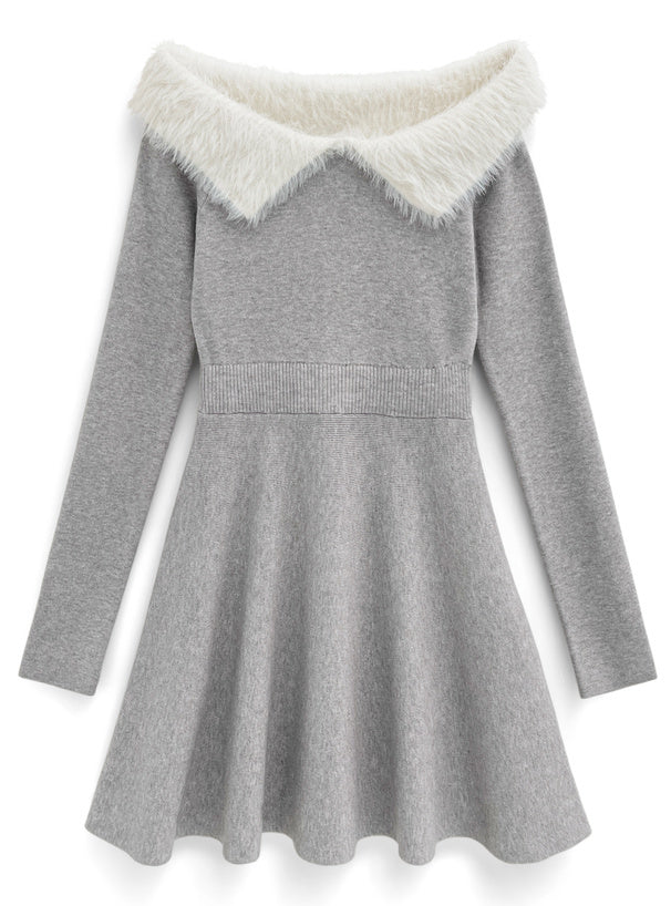 羽毛領露肩針織連身裙