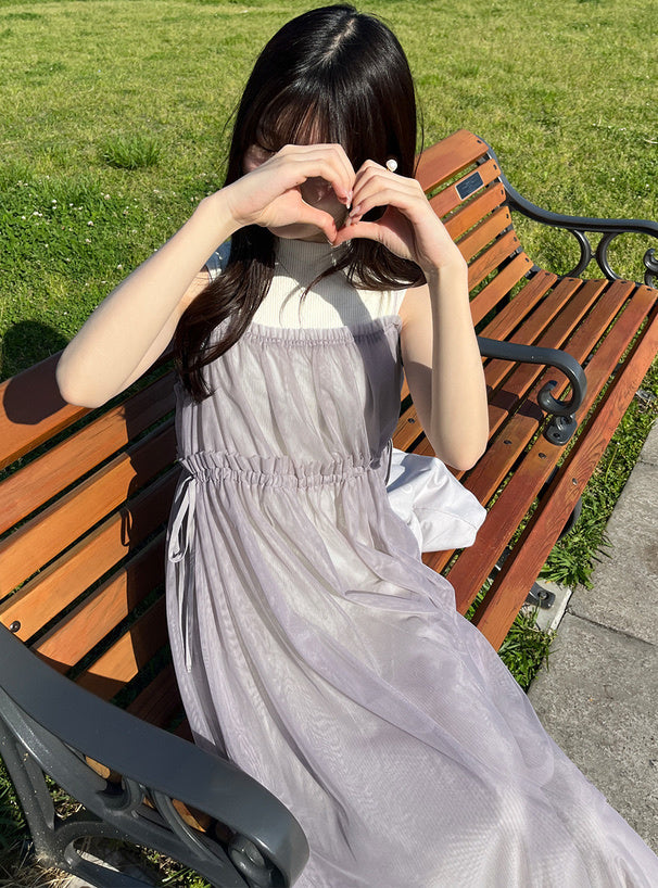 薄紗束腰絲帶連身裙