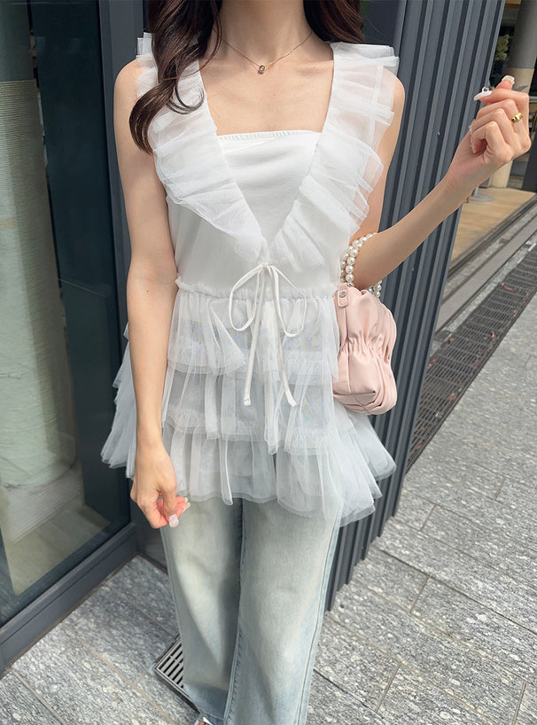 四色入｜薄紗分層荷葉邊背心