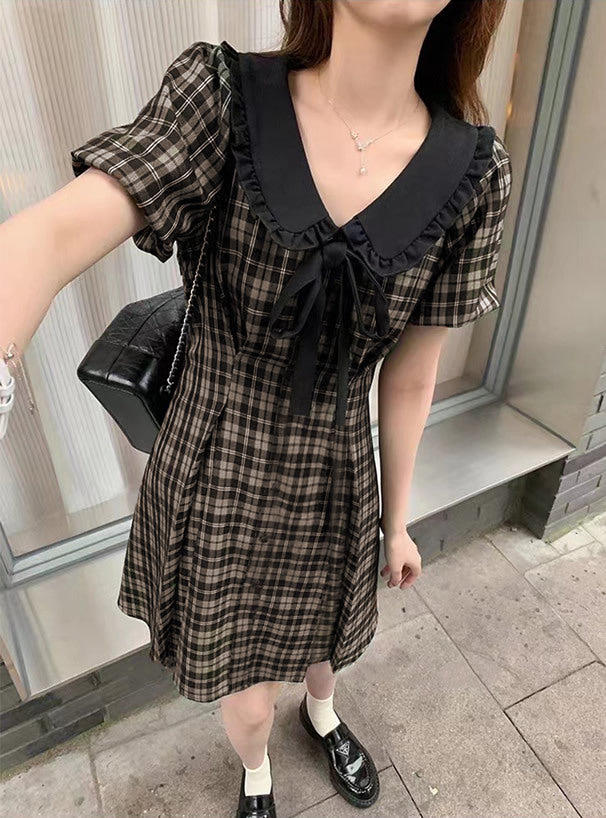 蝴蝶結格紋連身裙