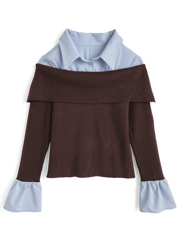 襯衫拚接露肩針織上衣