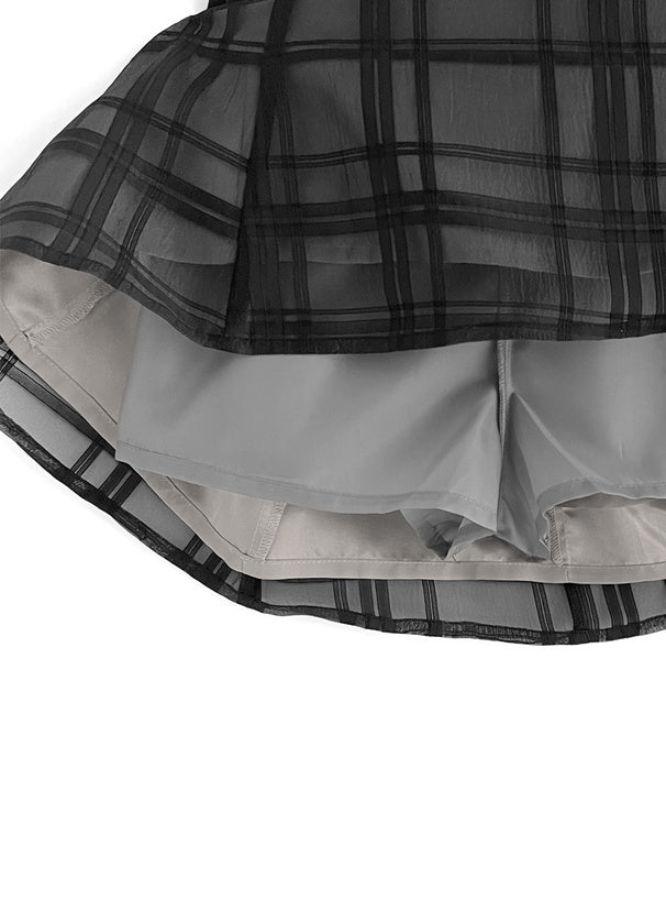 兩色入｜透視襯裡格紋喇叭裙