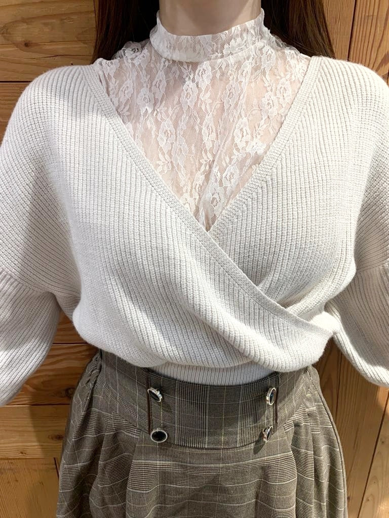 2way蕾絲接合針織上衣