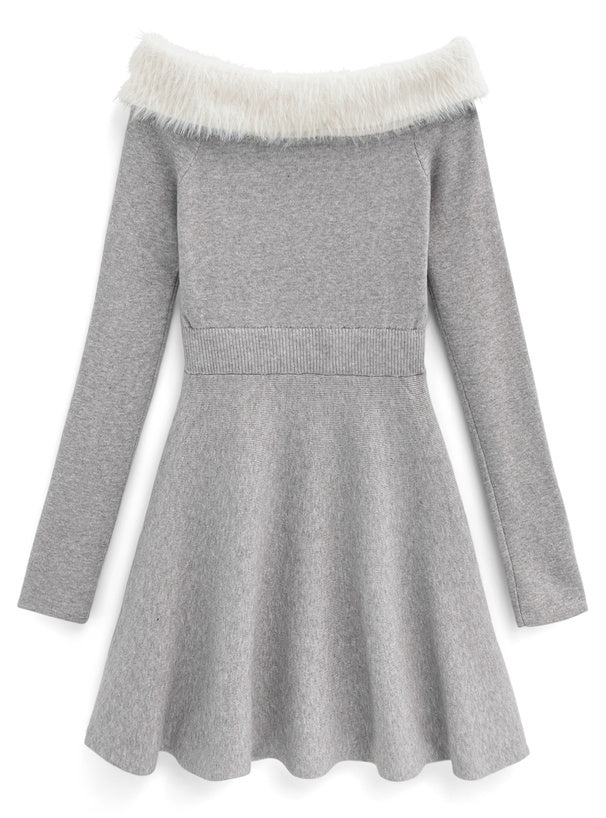 羽毛領露肩針織連身裙