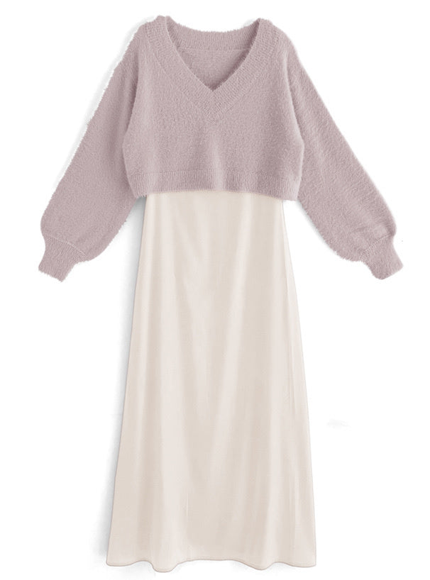 毛茸茸針織上衣 x 吊帶連身裙