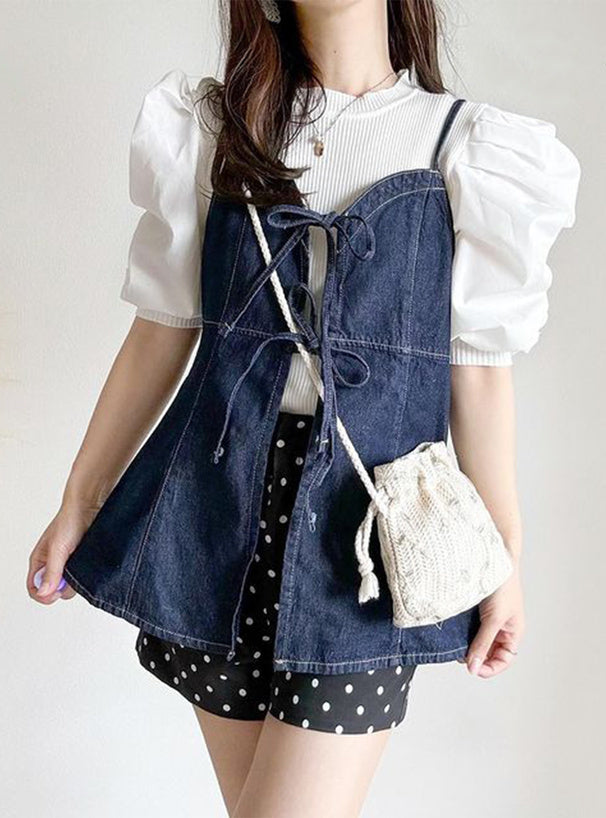 短版牛仔絲帶吊帶連身裙