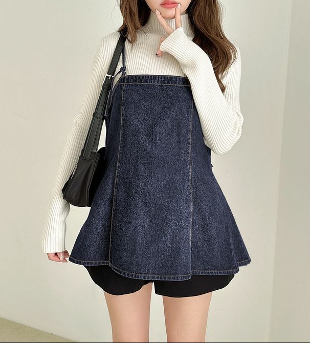 短版牛仔絲帶吊帶連身裙