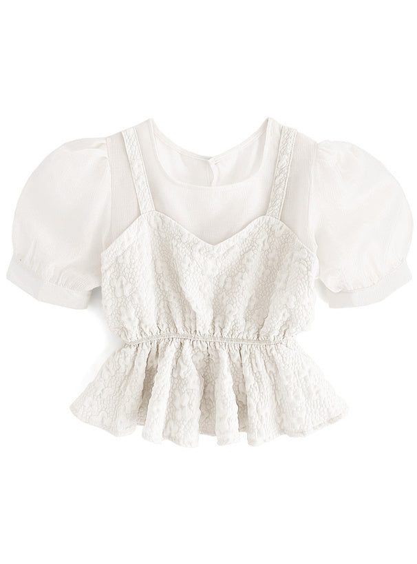 假兩件壓花外搭透明上衣