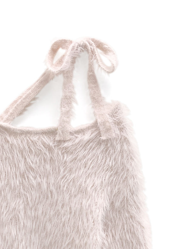 一字肩羽毛針織絲帶上衣