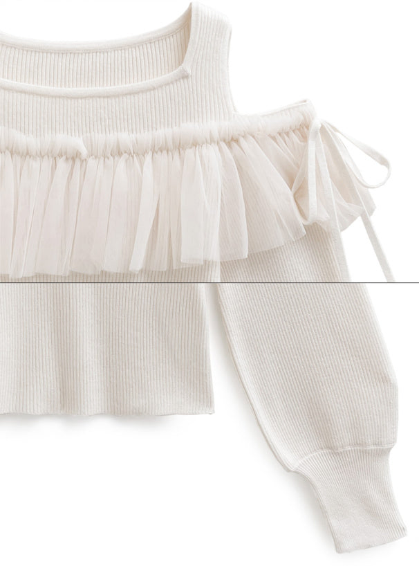 露肩薄紗圍邊針織上衣