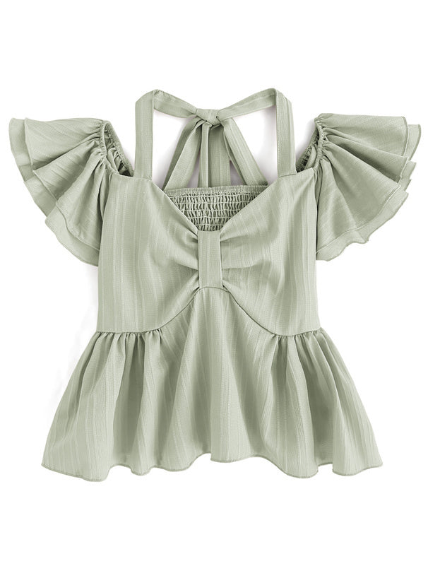 糖果色系！露背荷葉袖襯衫