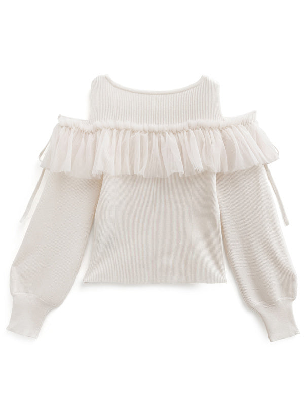 露肩薄紗圍邊針織上衣