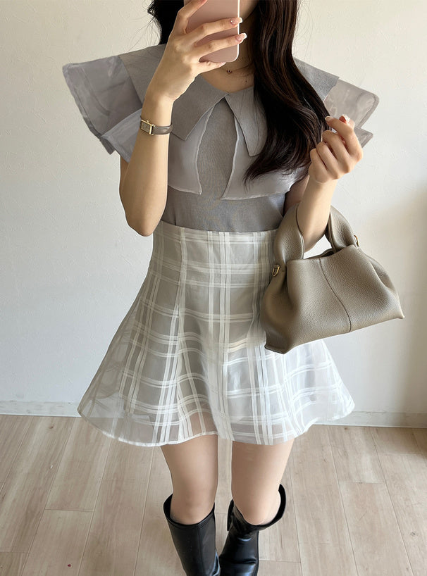 兩色入｜透視襯裡格紋喇叭裙
