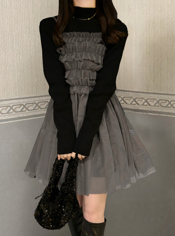 褶邊薄紗 x 針織裙