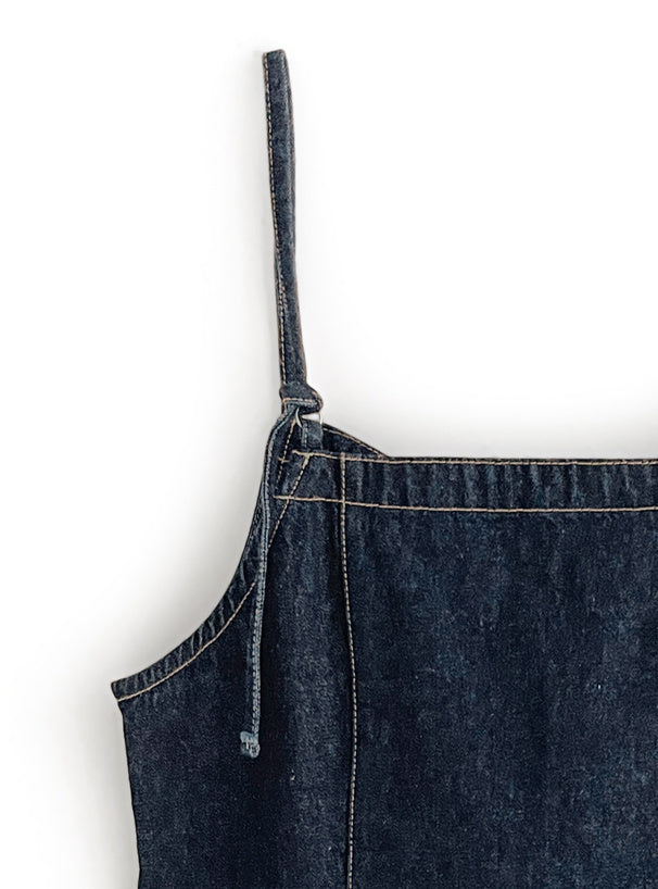 短版牛仔絲帶吊帶連身裙