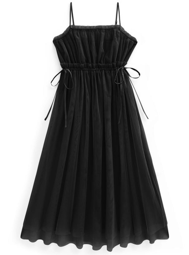 薄紗束腰絲帶連身裙