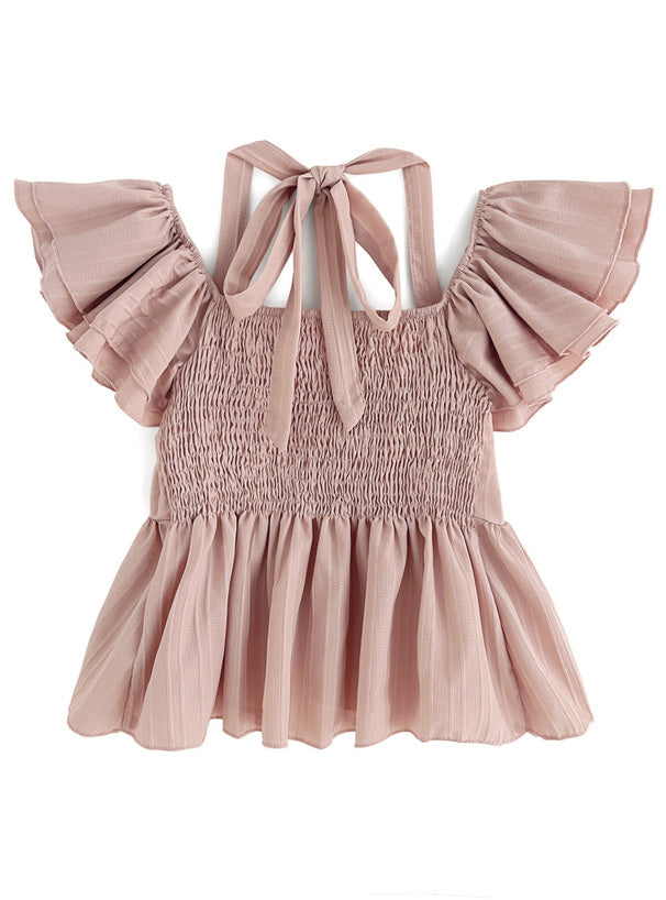 糖果色系！露背荷葉袖襯衫