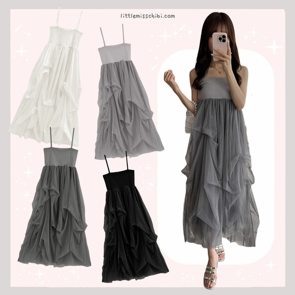 兩著薄紗褶吊帶裙