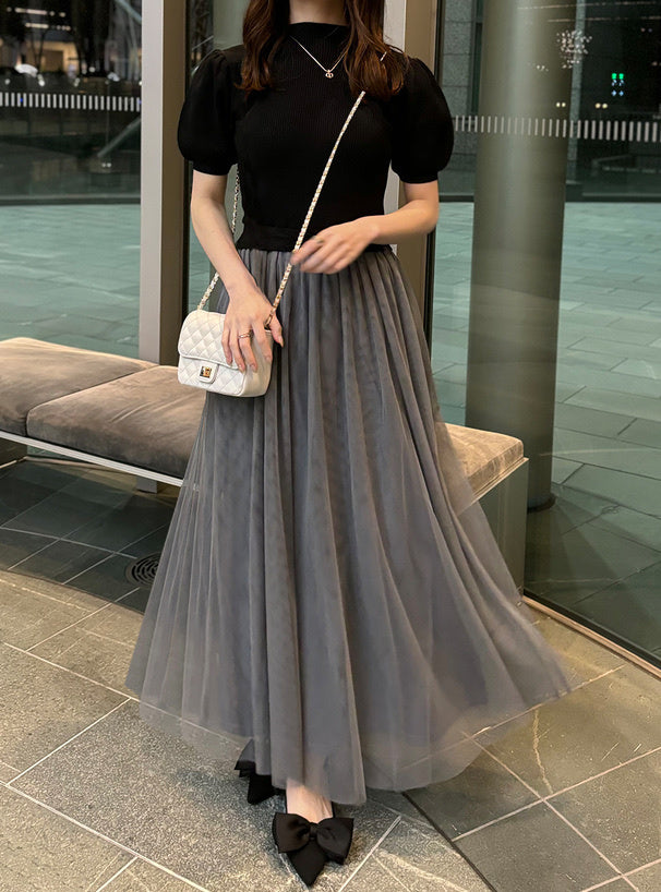 短袖假兩件薄紗裙