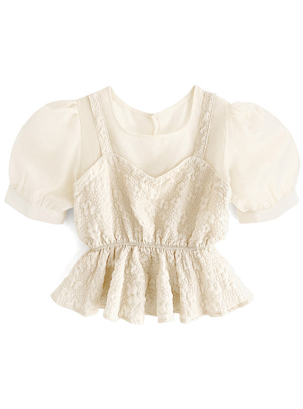 假兩件壓花外搭透明上衣