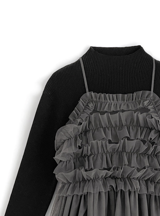 褶邊薄紗 x 針織裙