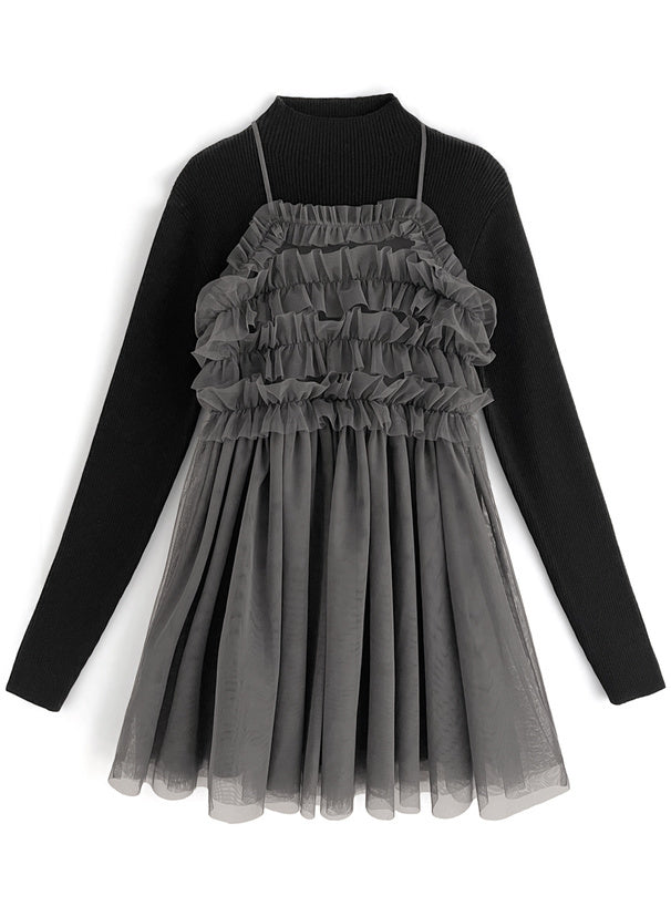 褶邊薄紗 x 針織裙