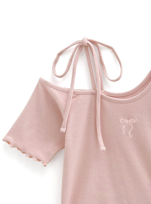 三色入|雙蝴蝶結一字肩上衣