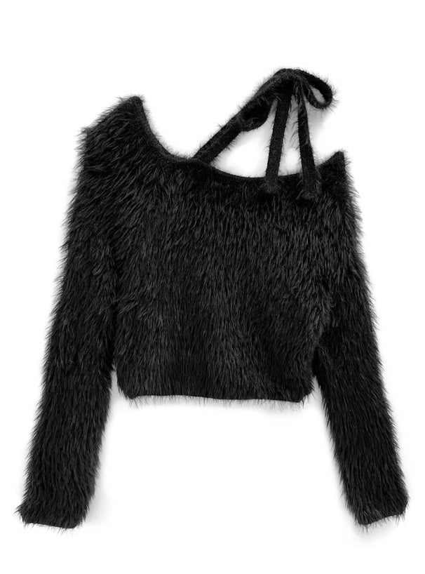 一字肩羽毛針織絲帶上衣