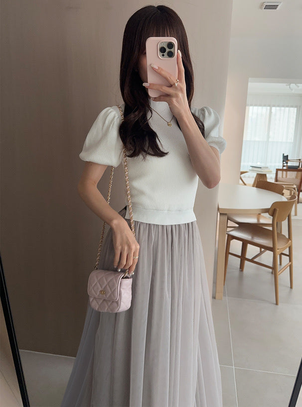 短袖假兩件薄紗裙