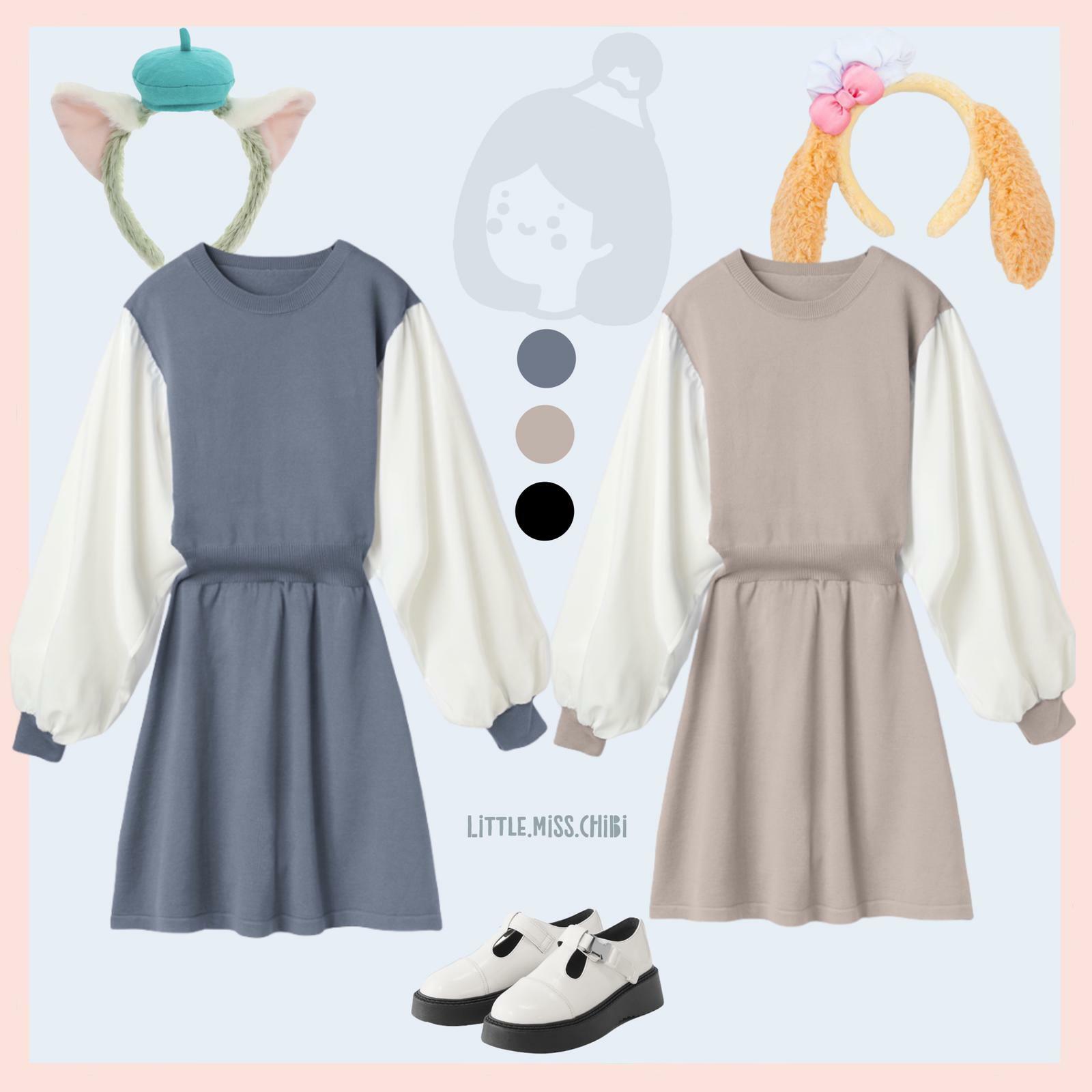 撞色手袖連衣裙