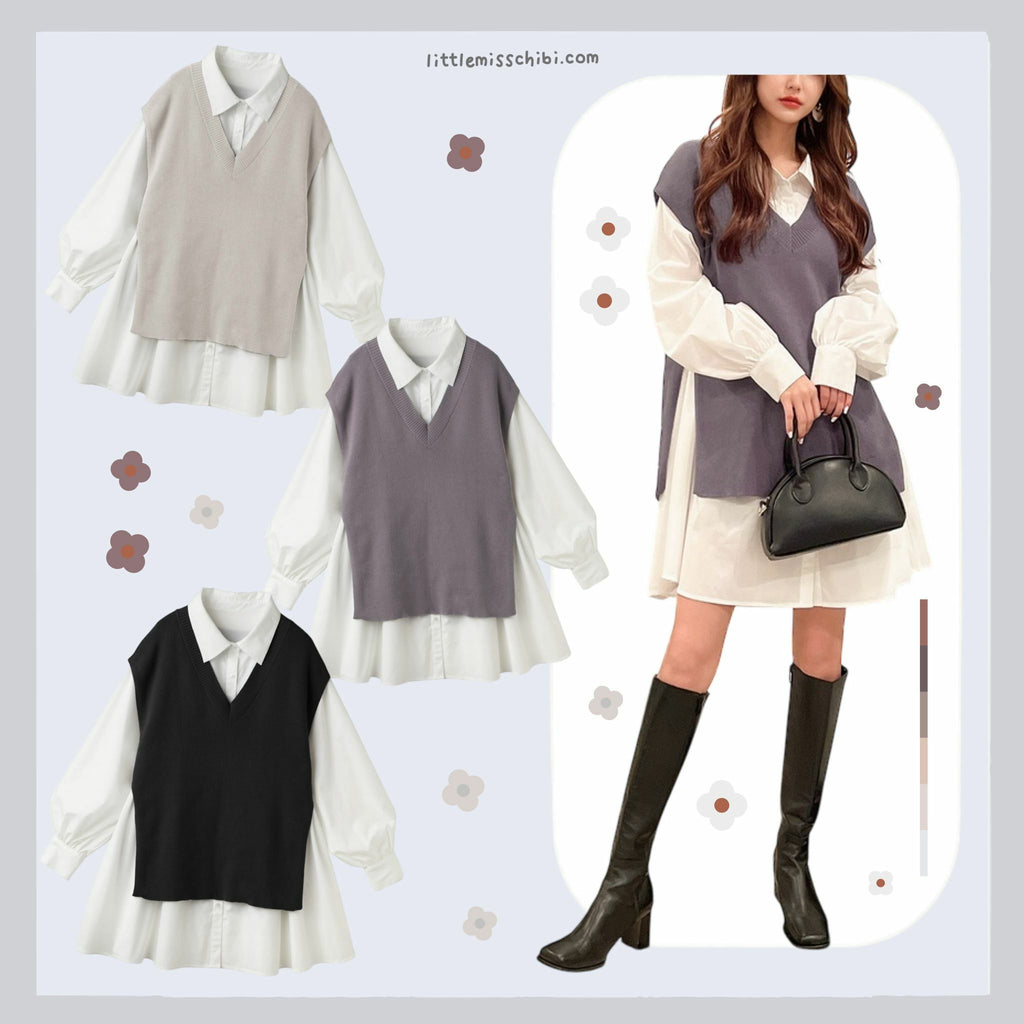 針織背心x襯衫洋裝套裝