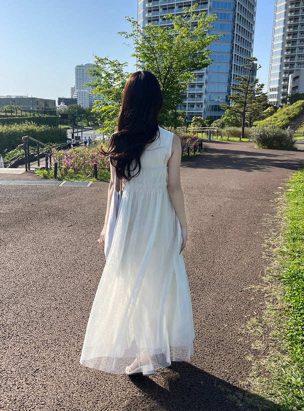 薄紗束腰絲帶連身裙