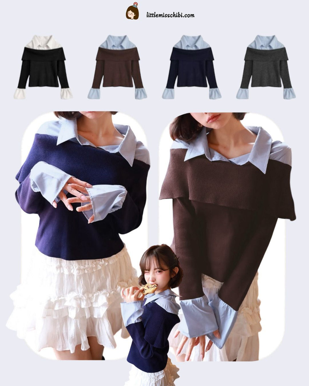 襯衫拚接露肩針織上衣