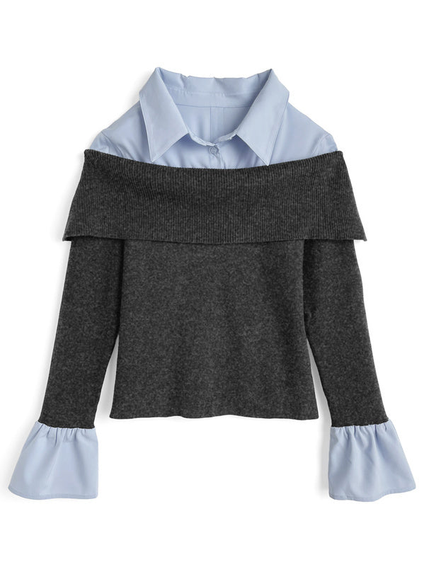 襯衫拚接露肩針織上衣