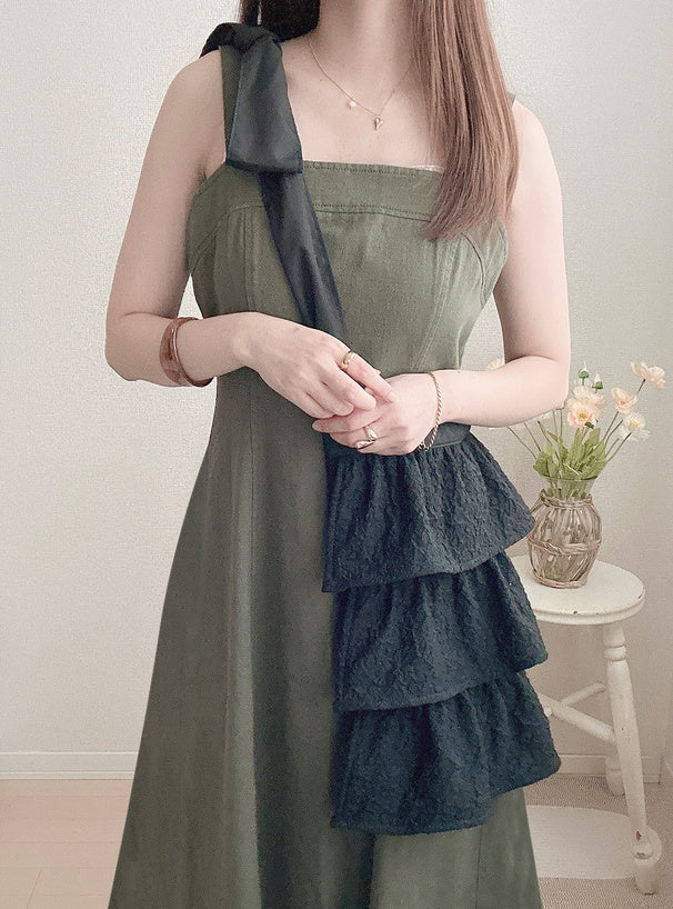 透明紗褶邊絲帶手袋