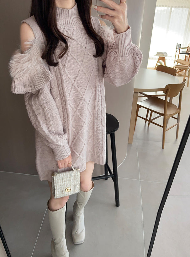 四色入｜露肩羽毛針織連身裙