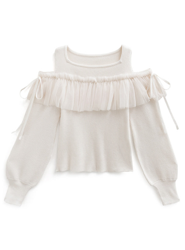 露肩薄紗圍邊針織上衣