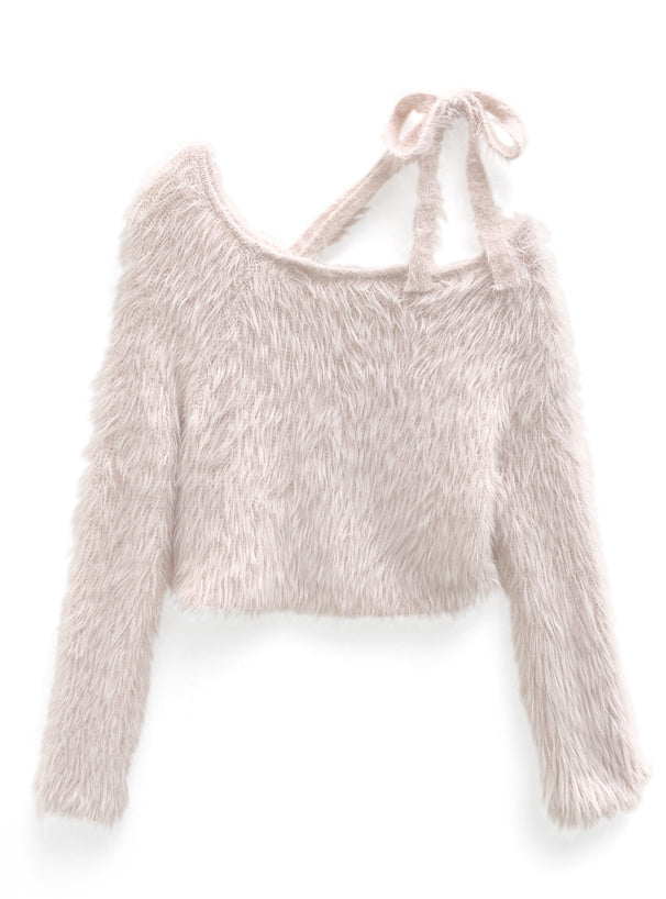 一字肩羽毛針織絲帶上衣