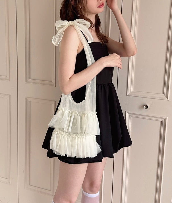 四色入｜新款透明紗褶邊絲帶手袋