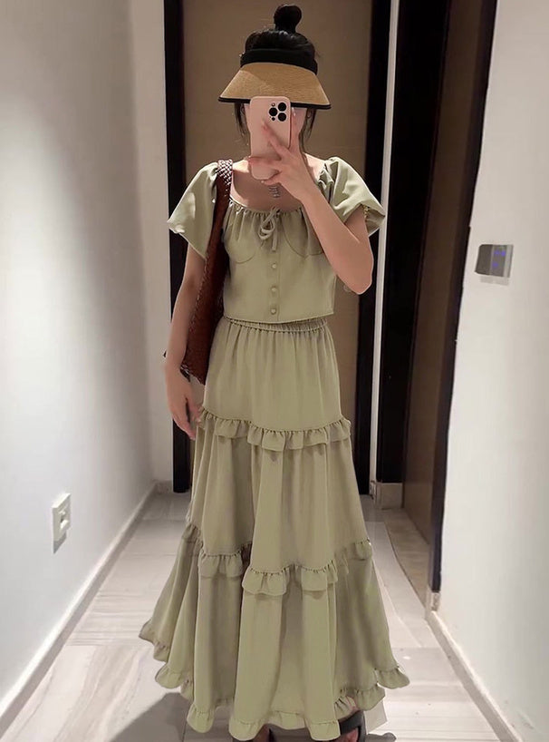 兩色入 | 緞帶短上衣 x 分層荷葉裙套裝