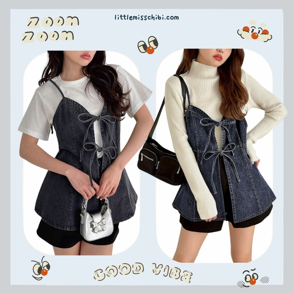 短版牛仔絲帶吊帶連身裙