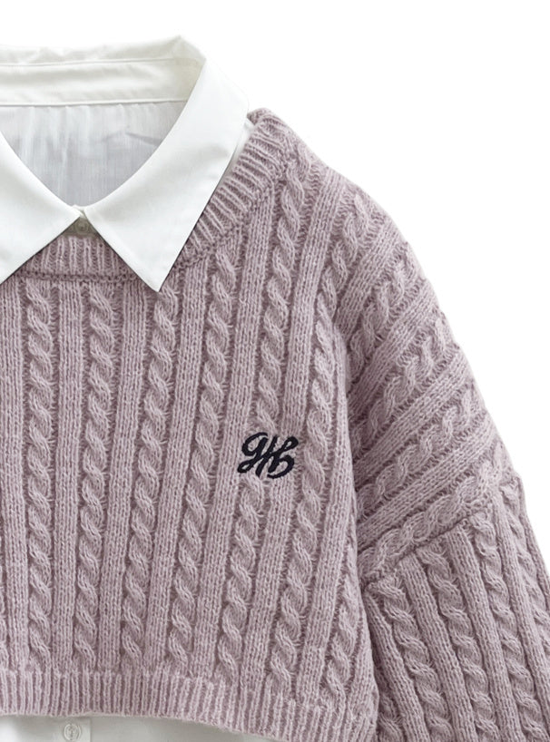 絞花針織短襯衫套裝