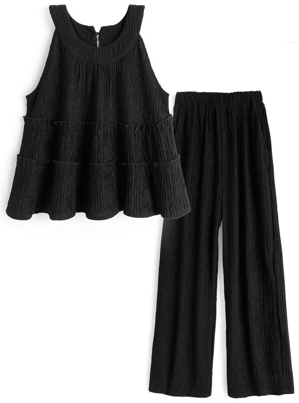 分層上衣+寬褲套裝