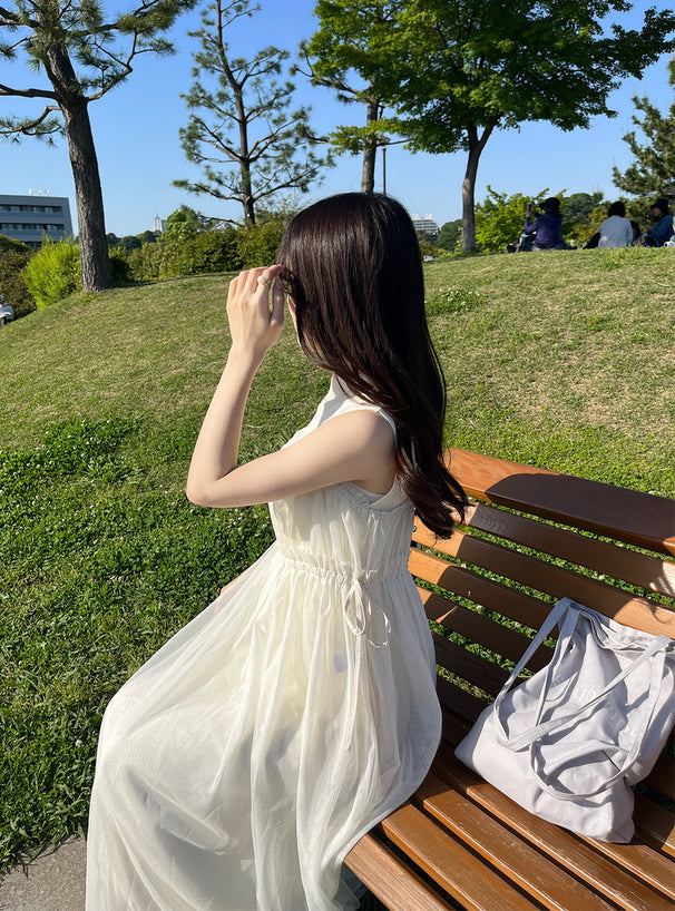 薄紗束腰絲帶連身裙