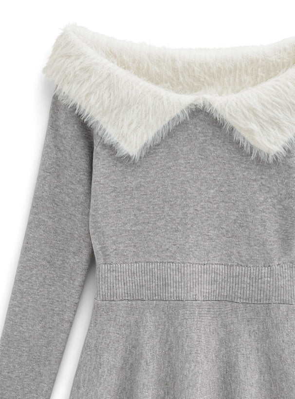 羽毛領露肩針織連身裙