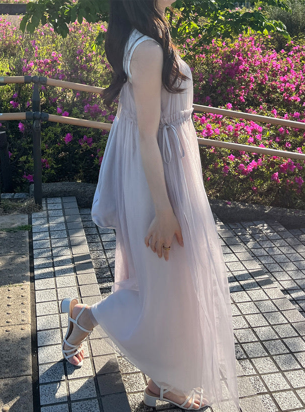 薄紗束腰絲帶連身裙
