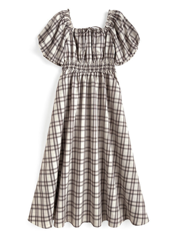 格紋燈籠袖連身裙