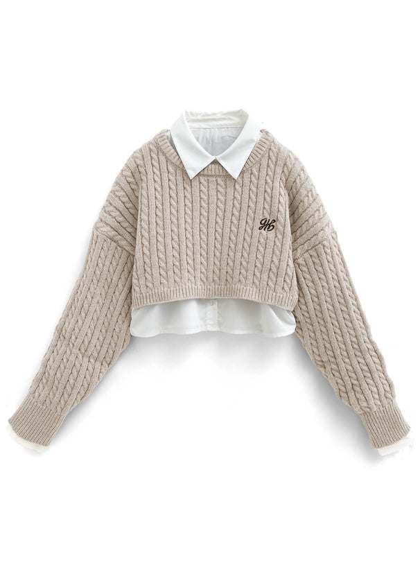 絞花針織短襯衫套裝